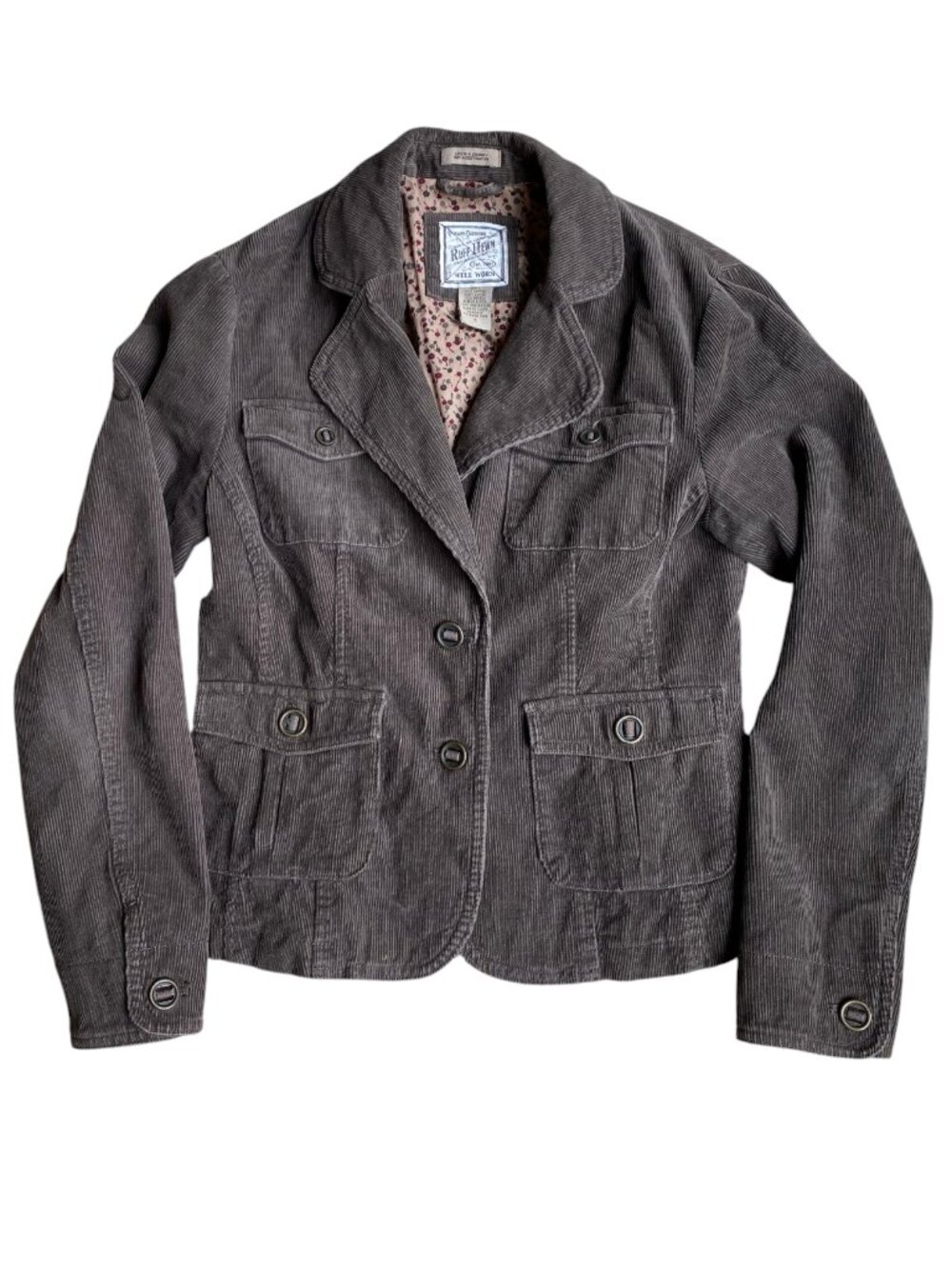 Ruff Hewn Brown Corduroy Blazer Jacket Floral Lining Utility Pockets Country-S